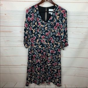 Amour Vert Black Floral 100% Silk 3/4 Sleeve Dress